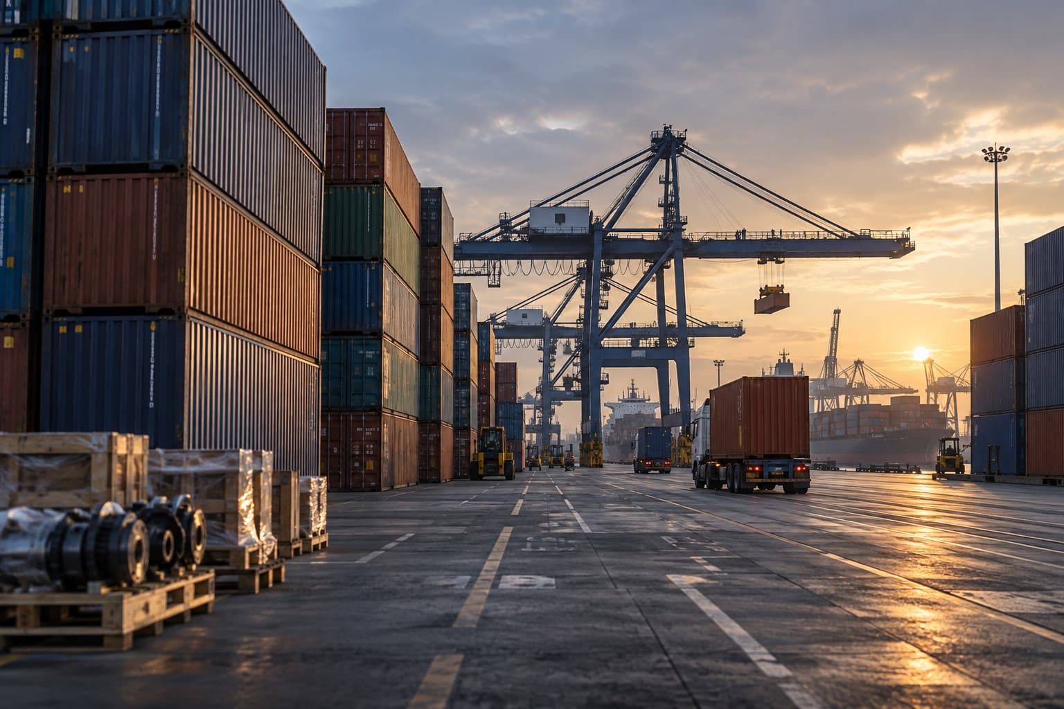 Stacked shipping containers at an industrial logistics terminal