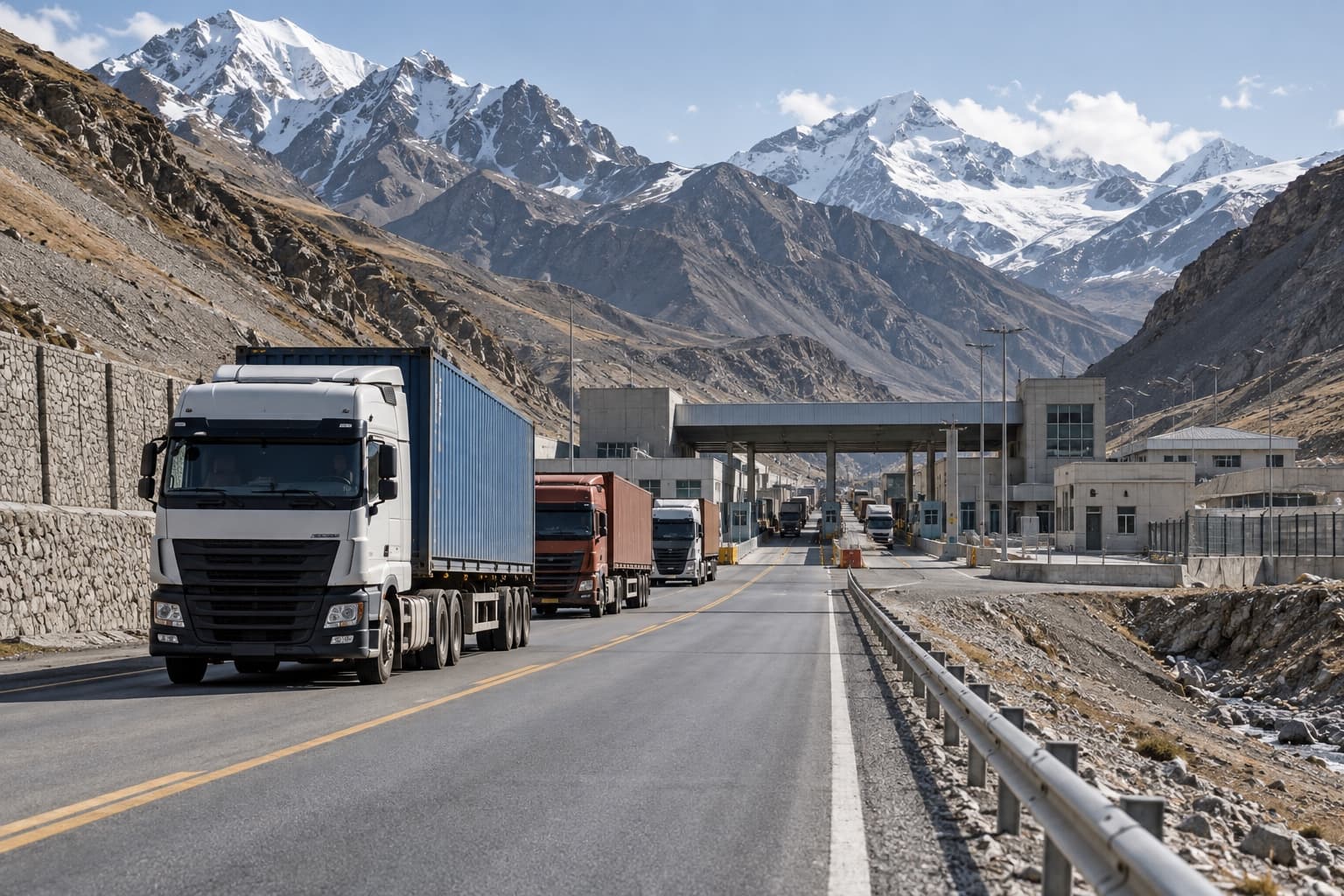High-altitude road running through regional border infrastructure